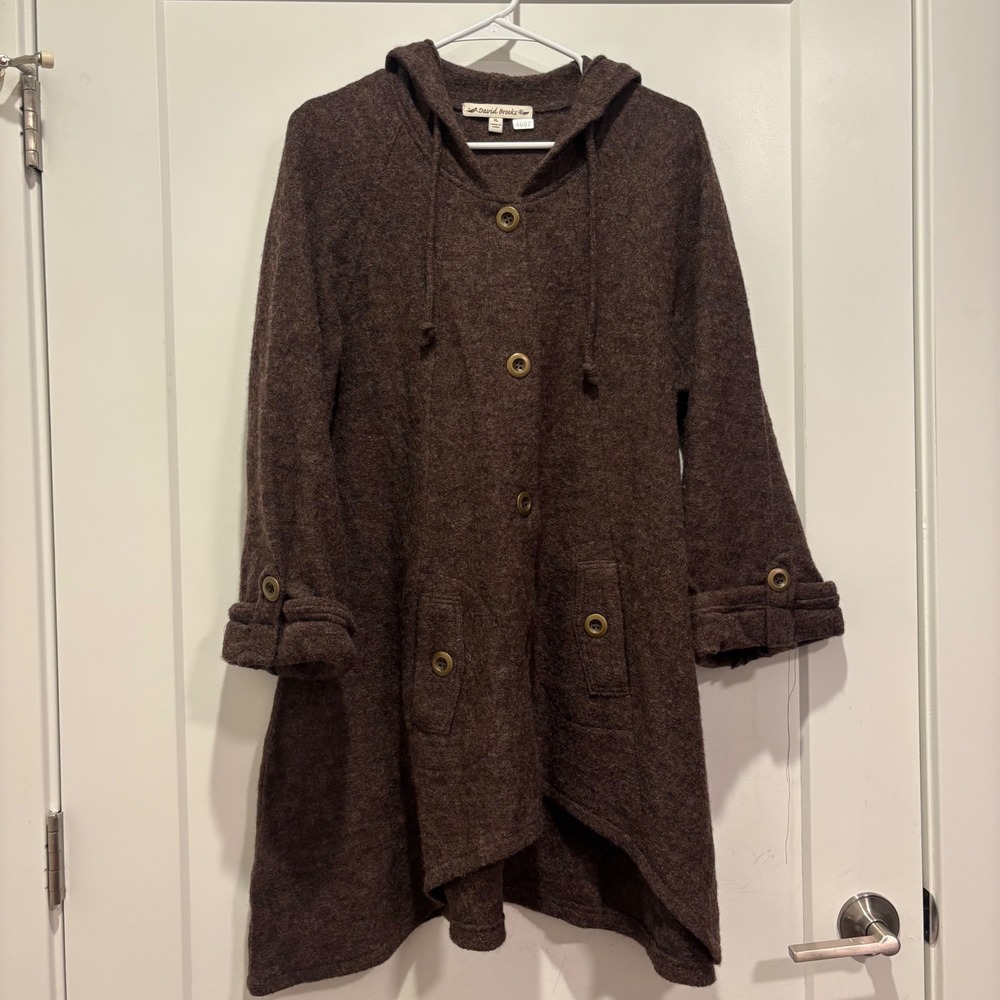 David Brooks Womens XL Brown 100% Wool Hooded Button Front Cardigan Coat Sweater
